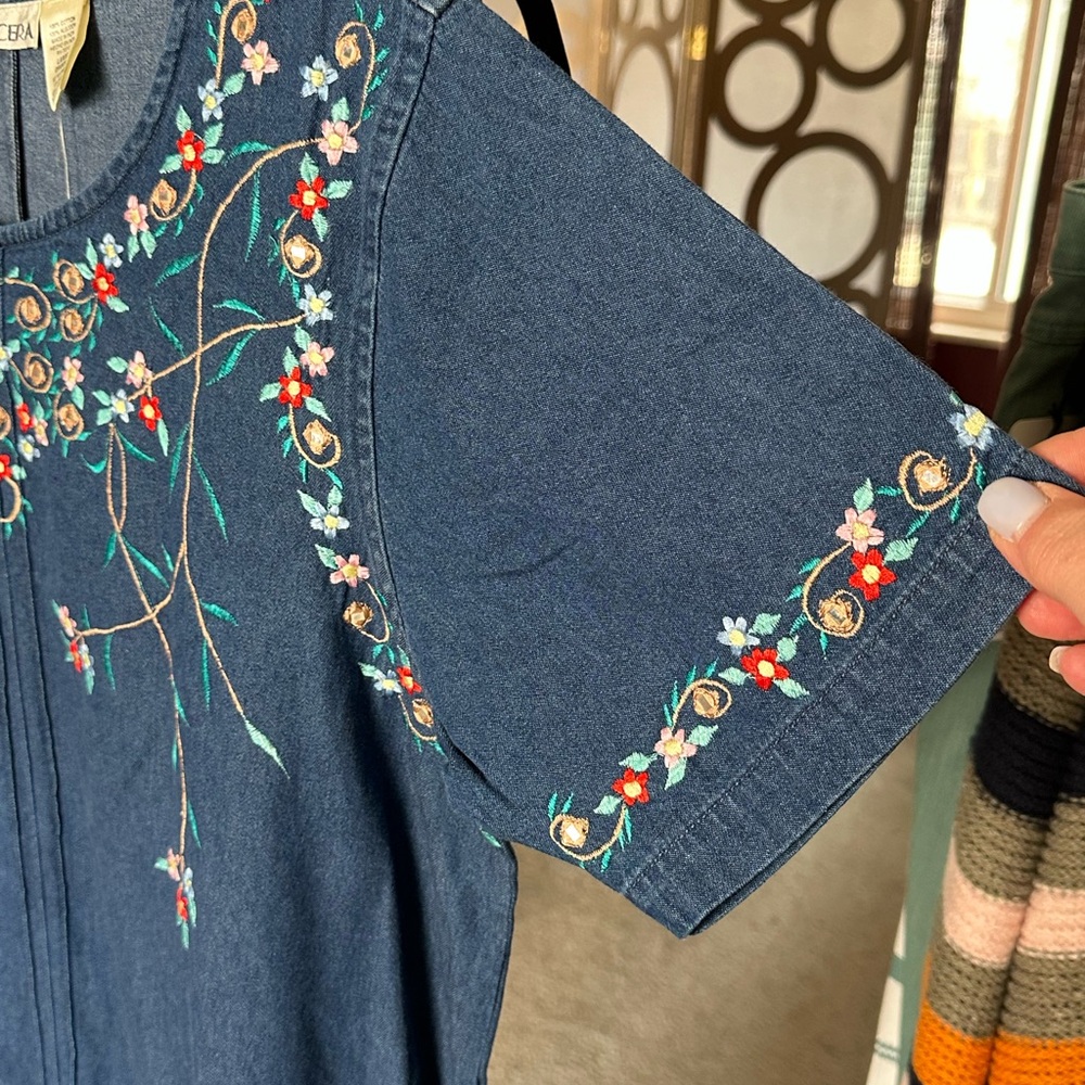 LA CERA Embroidered Denim Blue Cotton Shift Dress NWT Boho Floral Large - Picture 4 of 10